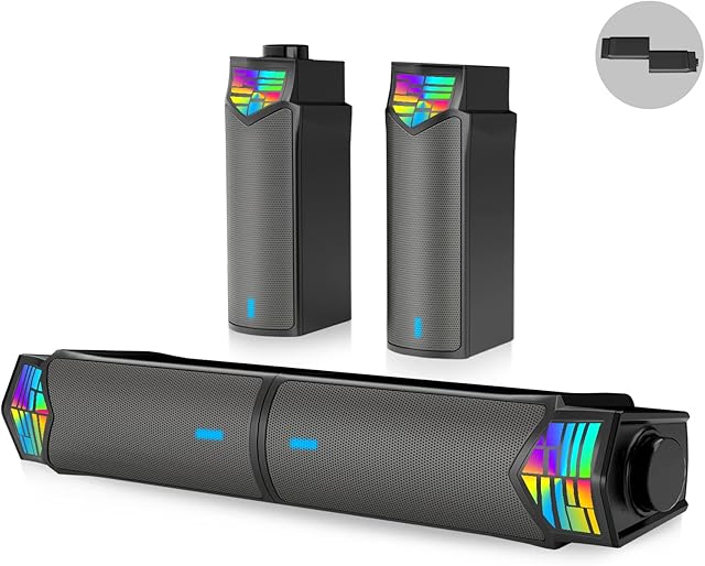 PC Speaker, 2 in 1 Detachable Computer Speaker Stereo Bluetooth Speakers Dynamic Cool RGB LED Design Compatible with Desktop/Laptop/Smartphone/Projector/TV