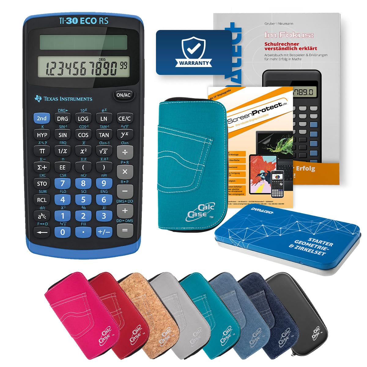 TI-30 ECO RS Rechner mit Schutzfolie, Fachbuch, Zirkel Set & Tasche (Türkis)
