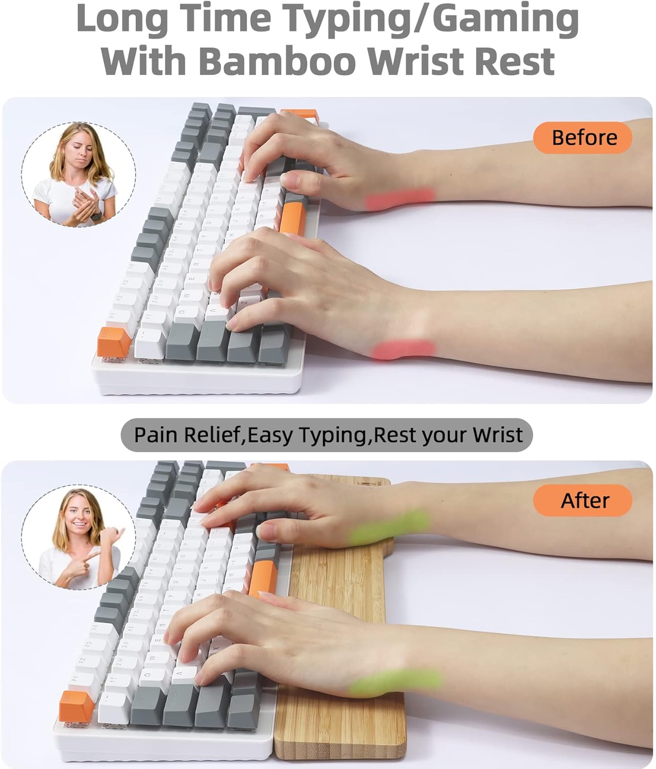 MANBASNAKE Ergonomic Bamboo Wrist Rest for Mechanical Keyboard, White, Minimalist Style, Hard Wrist Rest for Easy Typing and Pain Relief, Anti-Slip Keyboard Rest for Laptop/PC Gaming/Mac (98-Key)