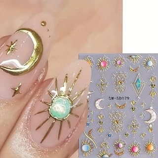 Sun Moon Nail Art Stickers 5D Embossed Self-Adhesive Nail Decals Golden Jelly Nails Design Cute Colorful Sun Nail Stickers Luxury Nail Art Supplies for Acrylic Nails DIY Manicure Decorations
