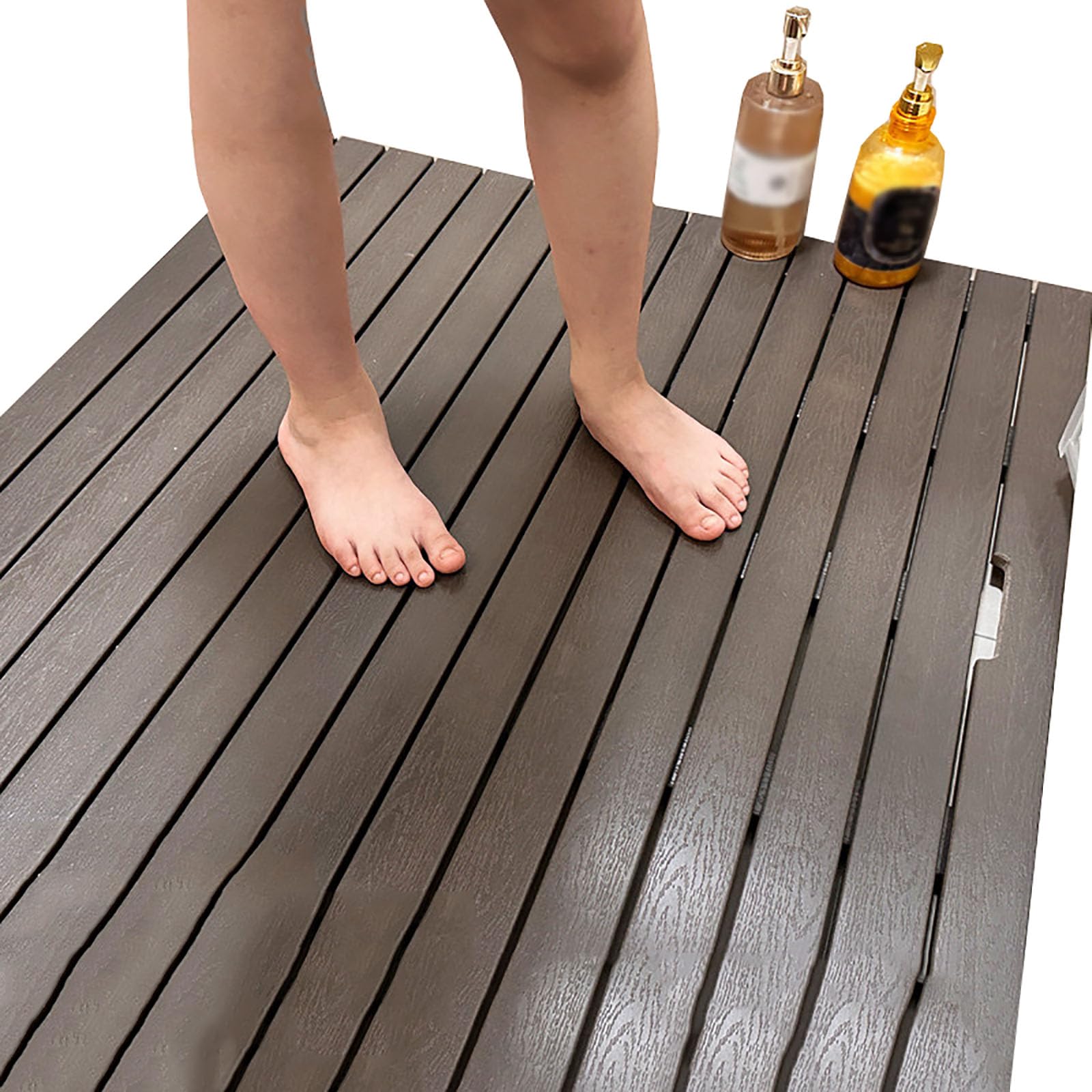 Wooden Bath Shower Mat,Waterproof Wooden Shower Board,Non-slip Solid Wood Floor Mat Bathroom Shower Mats with Non-slip Feet,Bath Wooden Mats with Carry Handle (Grey,90x90cm(35.4x35.4in))