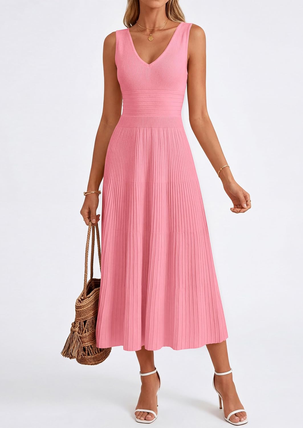 PRETTYGARDEN Summer Dresses for Women 2026 Spring Sleeveless V Neck Knit A Line Casual Midi Cocktail Wedding Guest Dress - Image 7