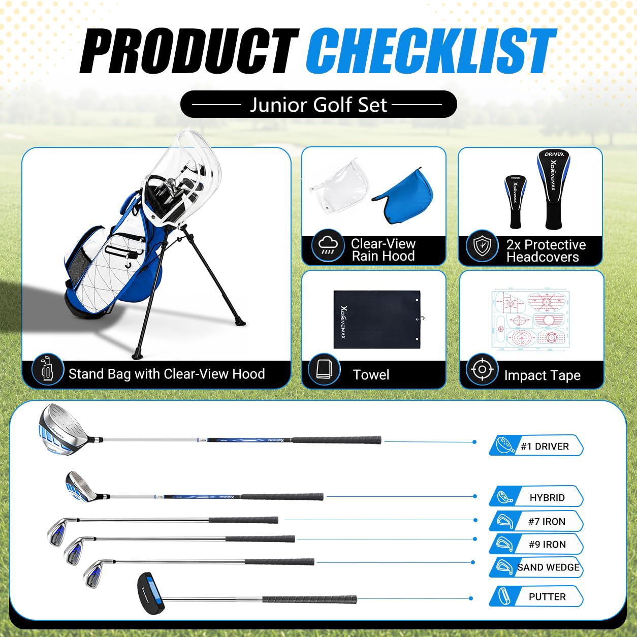 7 pezzi mazze da golf set 9-12, blu, destra