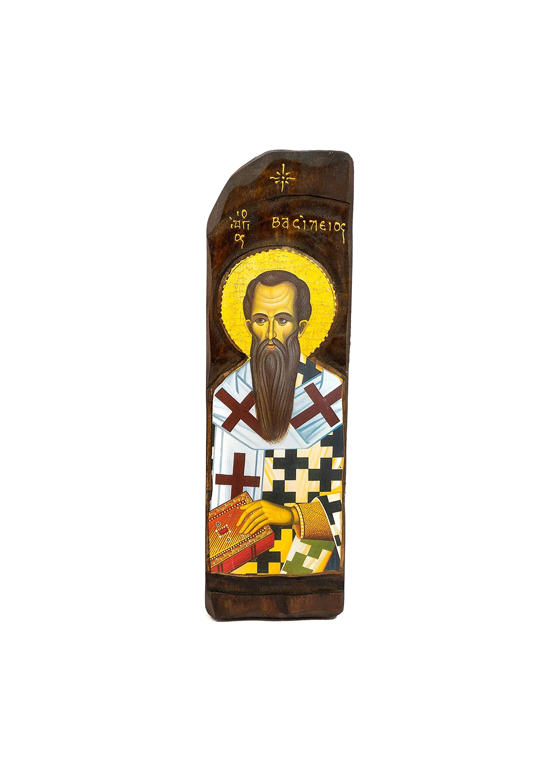 Basilikum-Ikone, handgefertigte griechisch-orthodoxe Ikone von Basilikum dem Großen, byzantinische Kunst Wandbehang des Heiligen Basilikum von Caesarea auf Holzschild