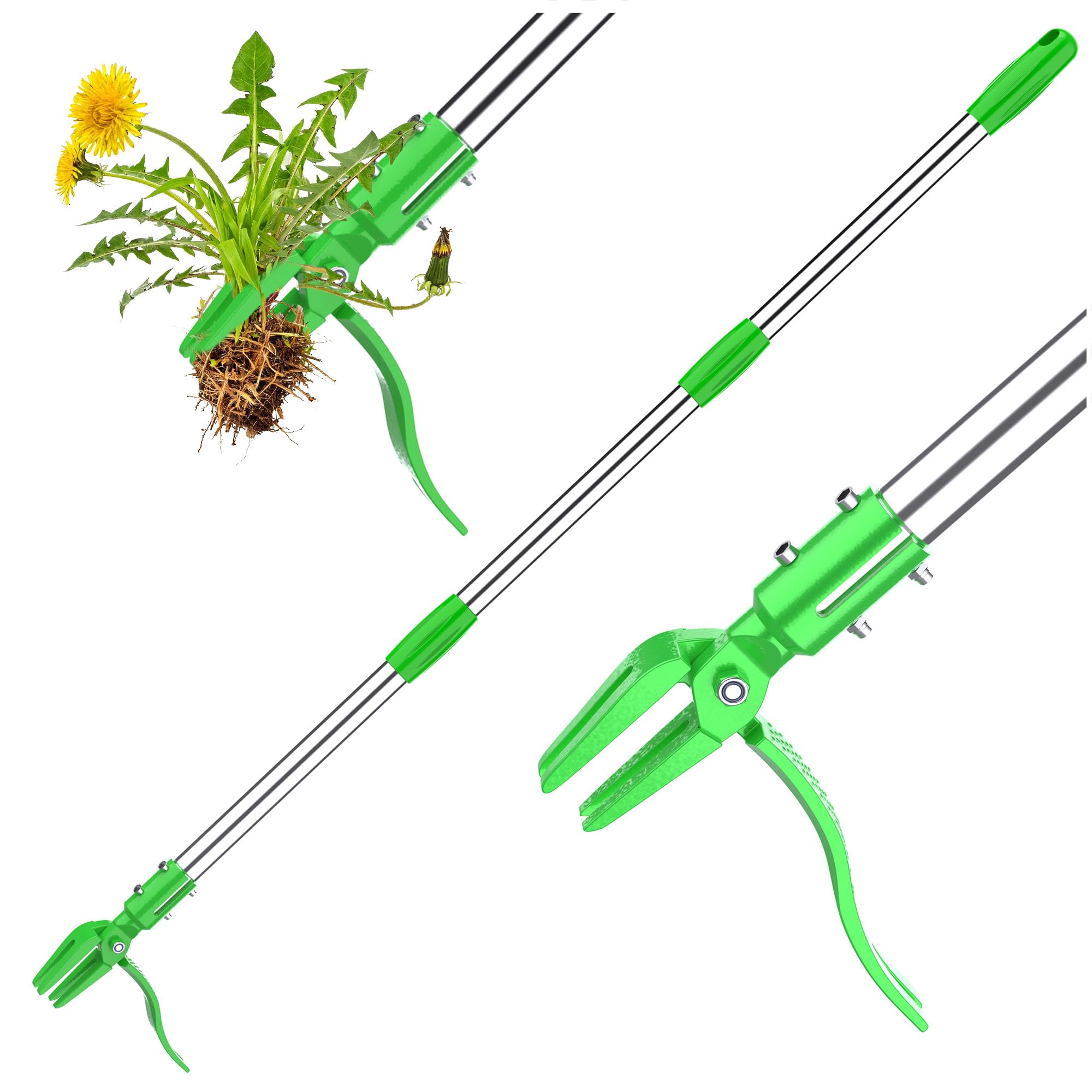 Aishkimo Weed Puller Tool - Stand Up Weed Remover Tool with 4 Steel Claws, 128cm Adjustable Stainless Steel Handle Weeder Tool for Garden, Easily Remove Weeds No Kneeling