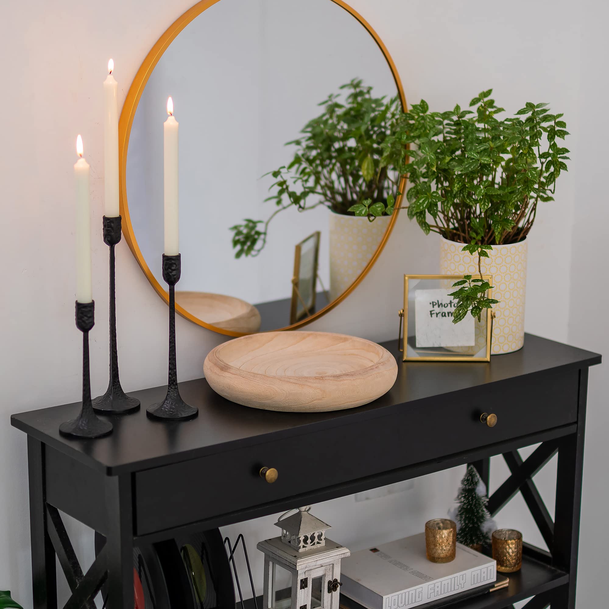 Hanobe Cuenco decorativo grande de madera: centro de mesa redondo de madera de paulownia para decoración del hogar, cuenco de frutas natural rústico de 12.6 pulgadas para mesa de café, bandeja de