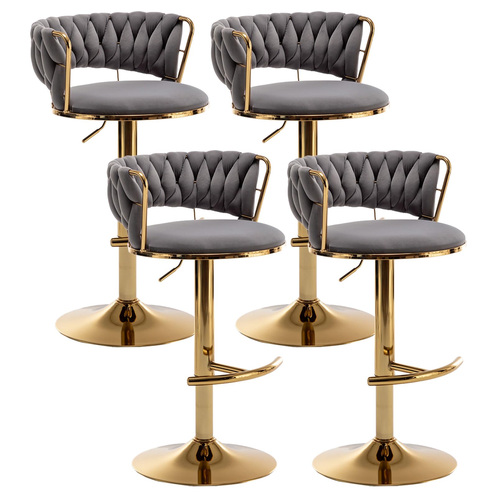 Canxkun Gold Bar Stools Set of 4, Counter Height Bar Stools with Low Back, Velvet Adjustable Height Barstools, 360° Swivel Bar Stools for Kitchen