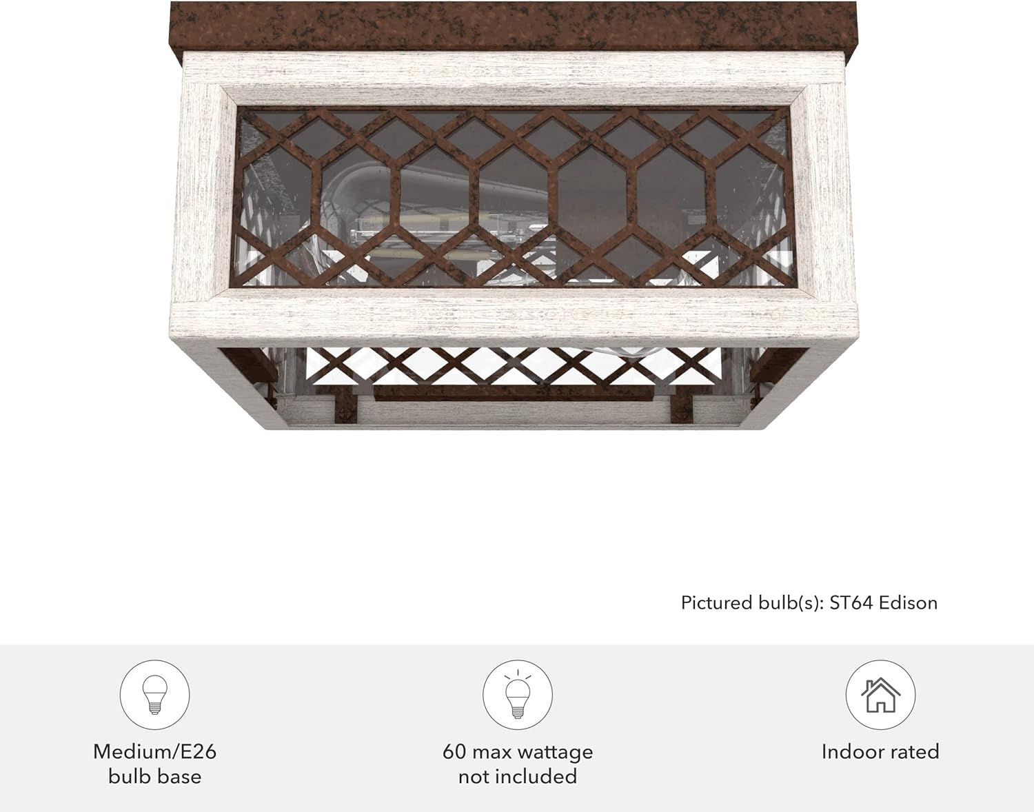 Hunter - Chevron 2-light Textured Rust, Medium Size Flush Mount Light, Dimmable, Casual Style, Square Shaped, for Bedrooms, Kitchens, Dining, Living Rooms - 19970