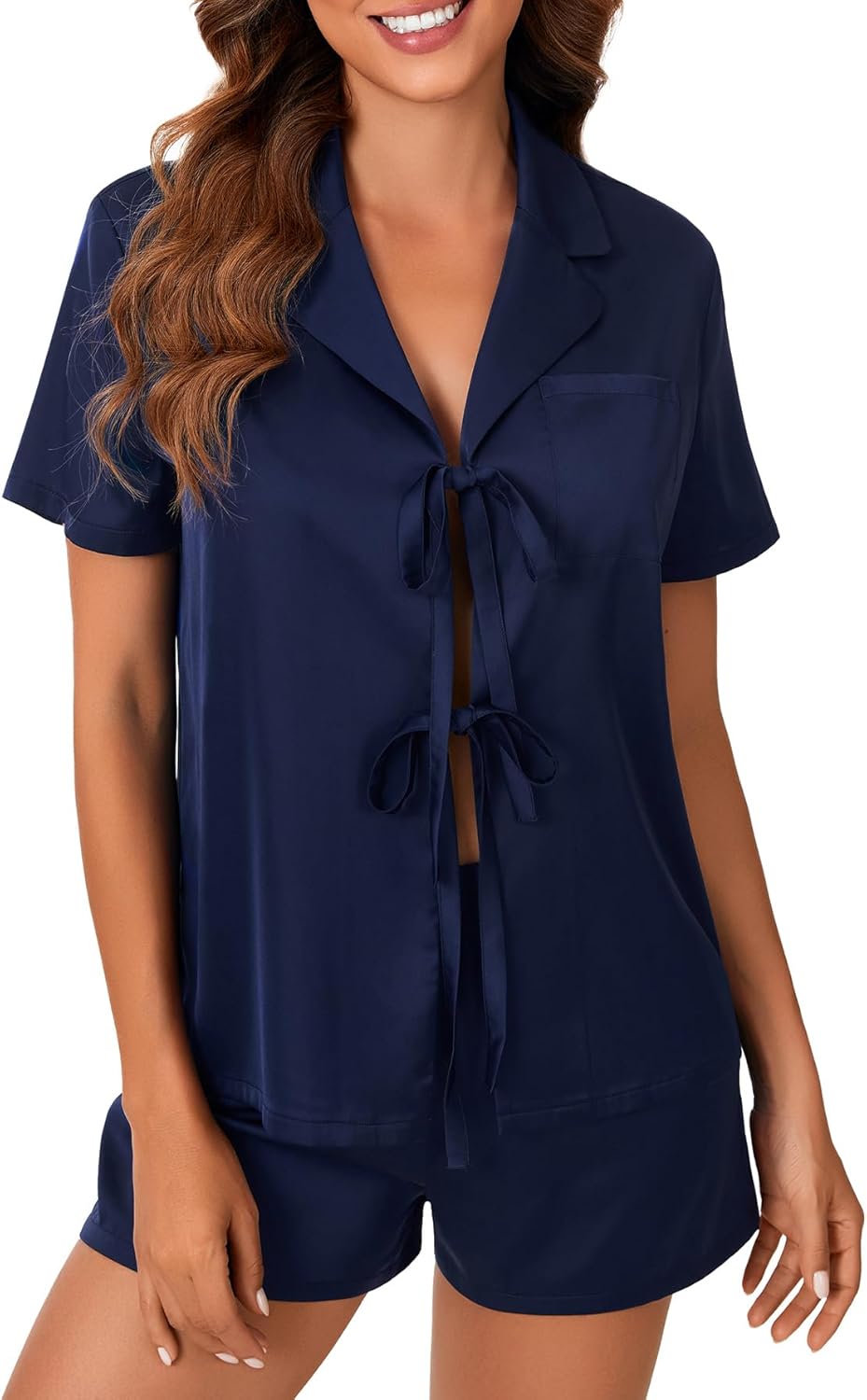 Rooscier Women's Silk Satin pajamas set Two Piece Tie Knot Front Short Sleeve Tops with Shorts Cute Sleepwear - Image 2