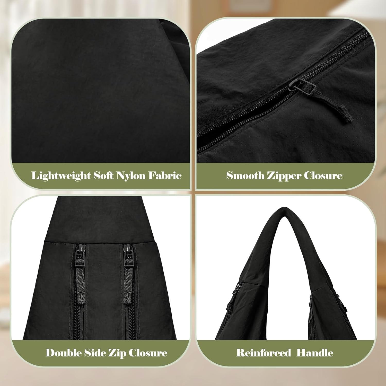 Slouchy Tote Bag Multipockets Nylon Purse Large Hobo Bags for Women Solid Color Crescent Handbag