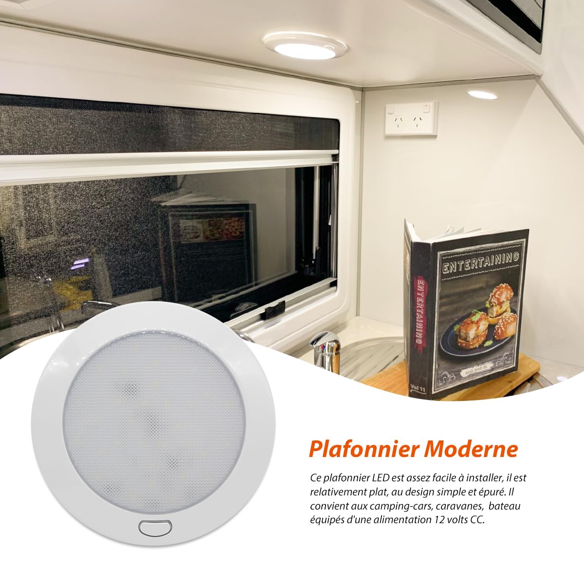 Dream Lighting Plafonnier LED 12v Camping Car Interrupteur Variateur Continu IP44 Caravane Éclairage Intérieur Blanc Chaud