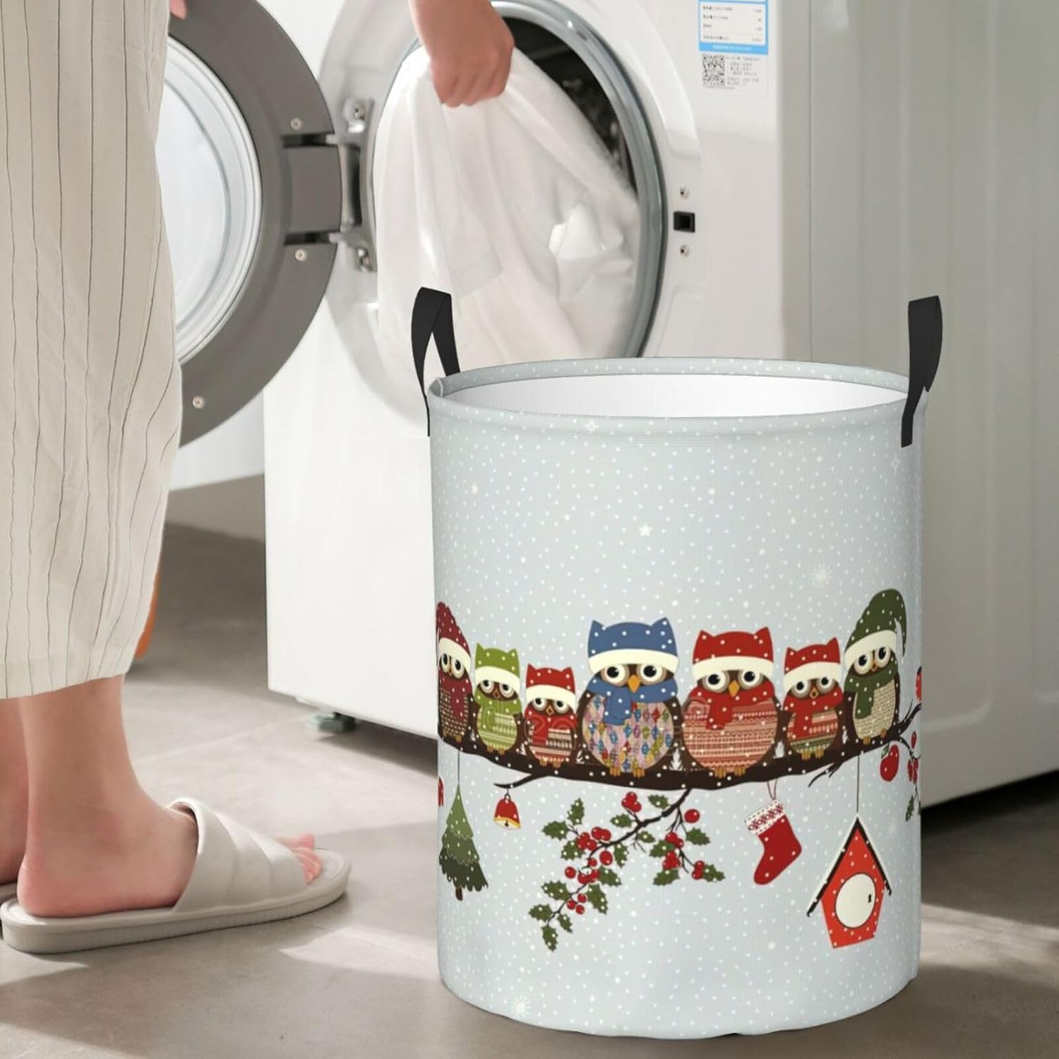 Cute Christmas Owls On Branch Print Circular Protable Storage Bin,Basket For Laundry Hamper With Handles Bedroom Clothes