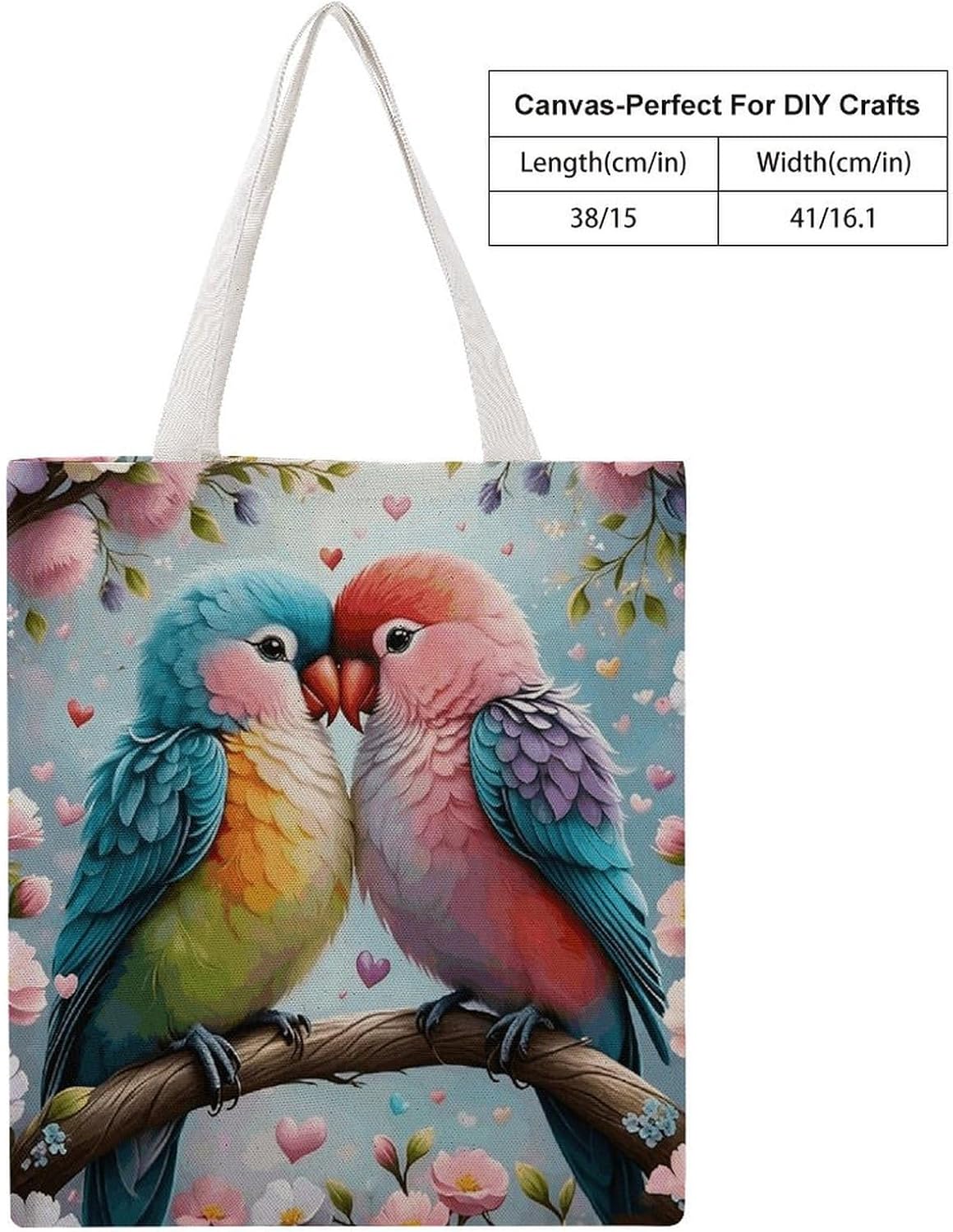 Romantic Couple of Parrots Canvas Tote Bag Reusable Grocery Bags Foldable Soft Cotton Shoulder Carry Bag