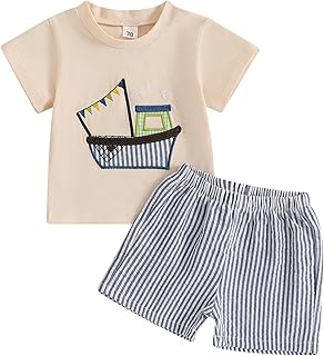 2PCS Summer Outfit Toddler Baby Boy Sailboat Short Sleeve T-Shirt Plaid Shorts Set Infant Boy Clothes