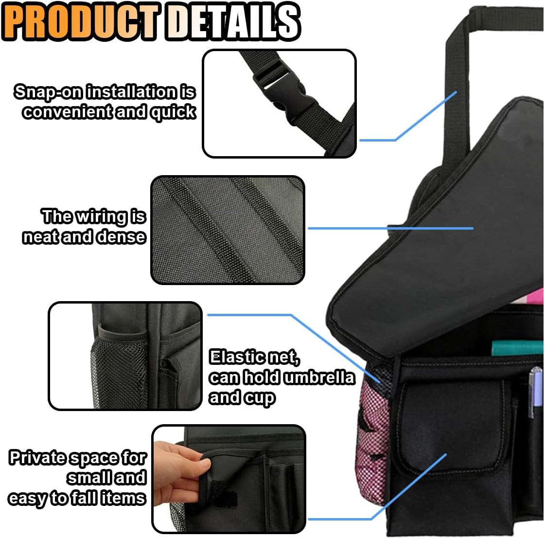 Car Front Seat Organizer, Car Backseat Organizer with Adjustable Shoulder Strap, Passenger Seat File Storage Bag with Dedicated Laptop Tablet Holder Cup Holder for Car Law Enforcement (Black)