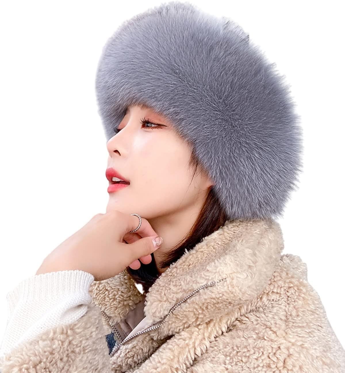 Womens Winter Hats Wool with Real Fox Hair Brim Bucket Hat Ski Snow Cap Warm Beanies