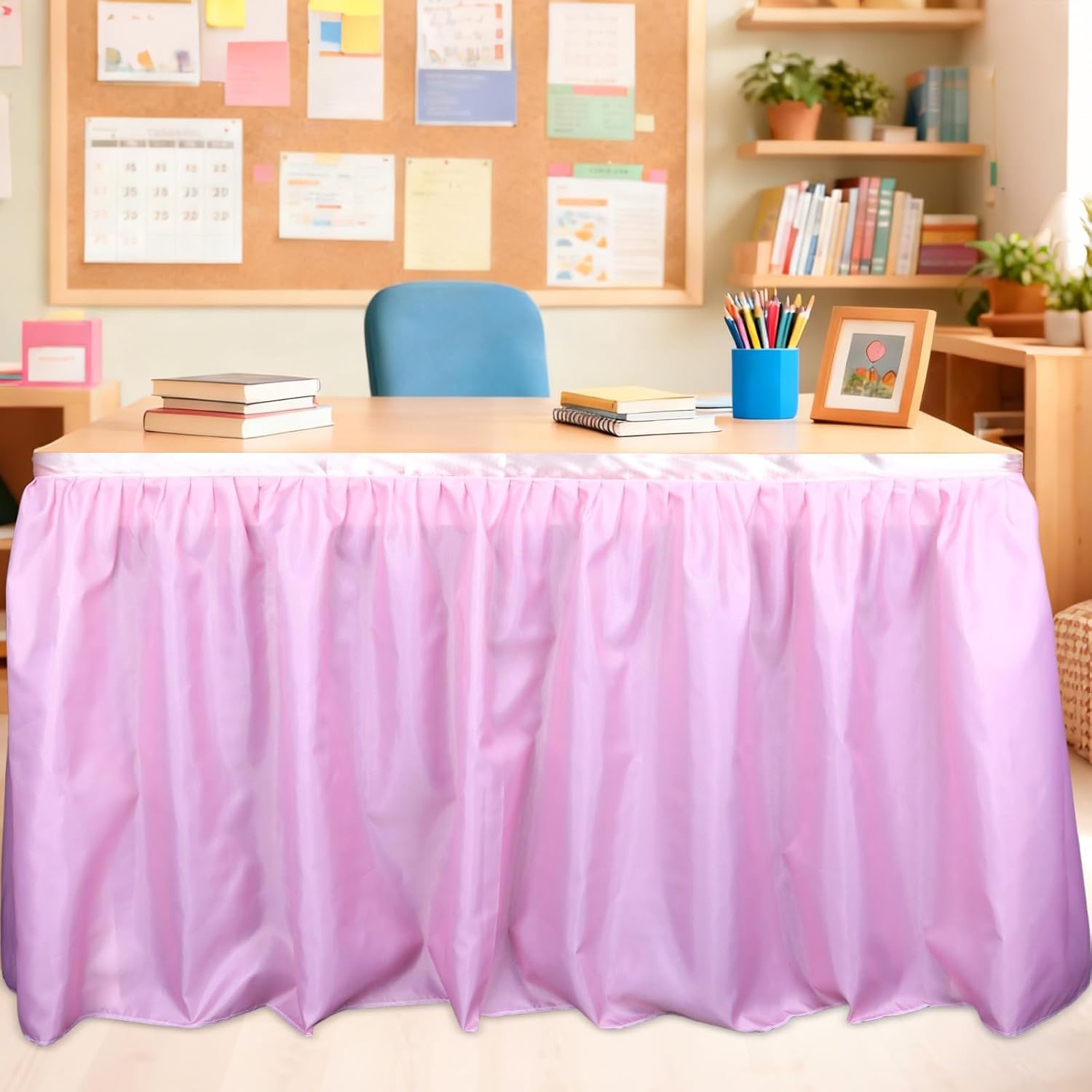 9 Ft Pastel Table Skirt Cloths for Teacher Desk Back to School Classroom Decor Wrinkle Resistant Pleated Ruffle Table Cover Skirt for Kindergarten Preschool Office Birthday Party Supplies (Style 3)