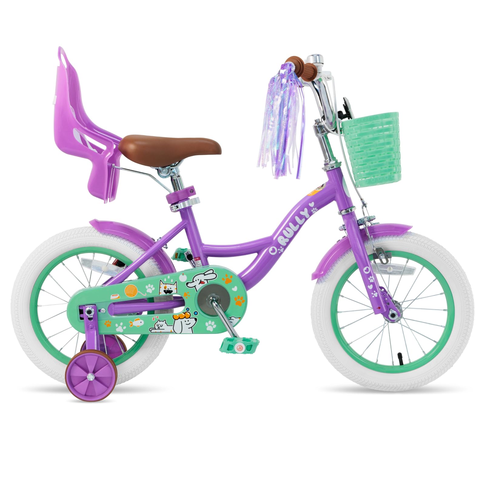 RULLY 16 Inch Girls Bike for Ages 4-6, Princess Kids Bicycle with Doll Seat, Training Wheels, Basket & Colorful Streamers, Purple