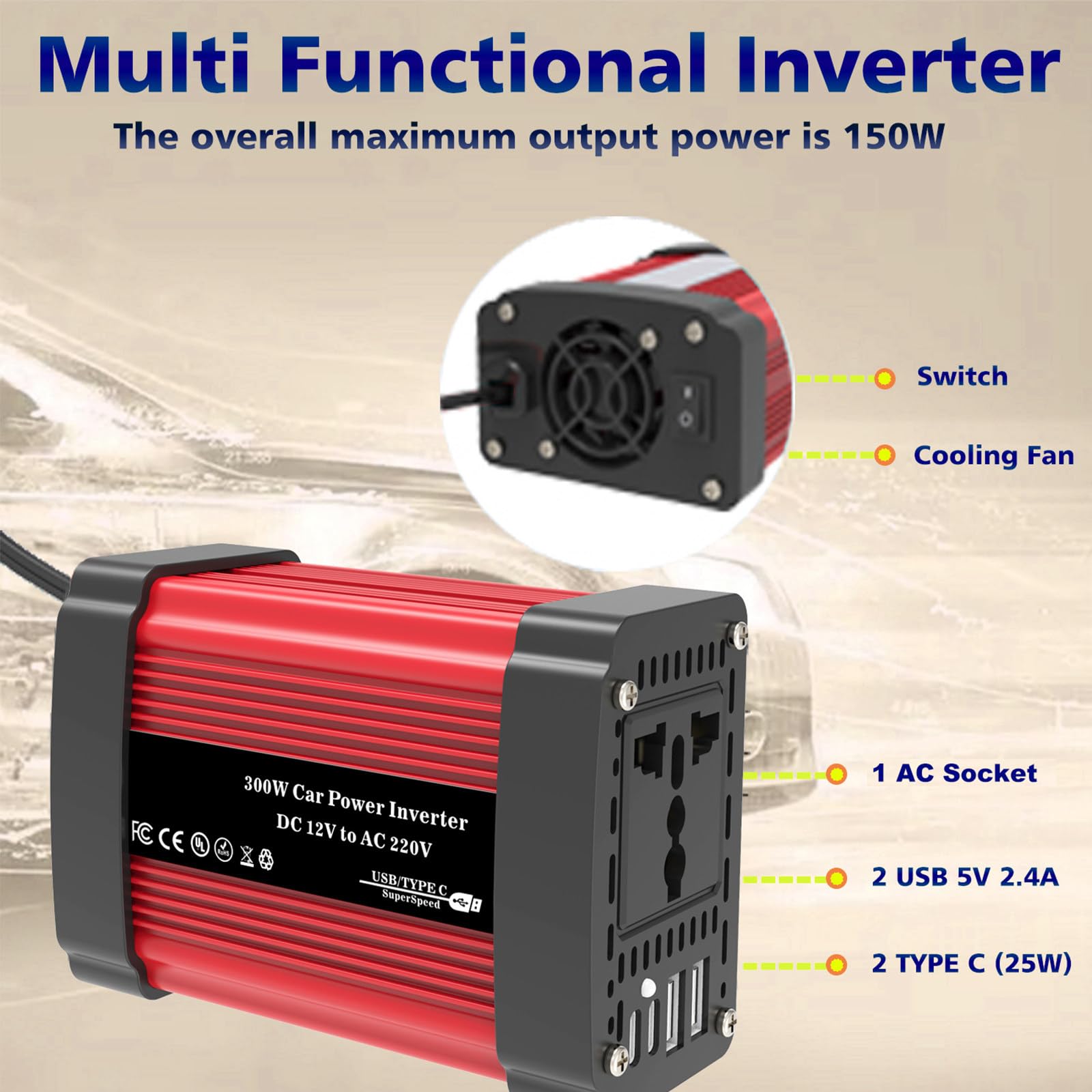 300W/600W 12V 220V Inverter Onda Pura con Doppia Porta USB Smart Type-C da 2,4 A per Camper Auto Convertitore di Potenza