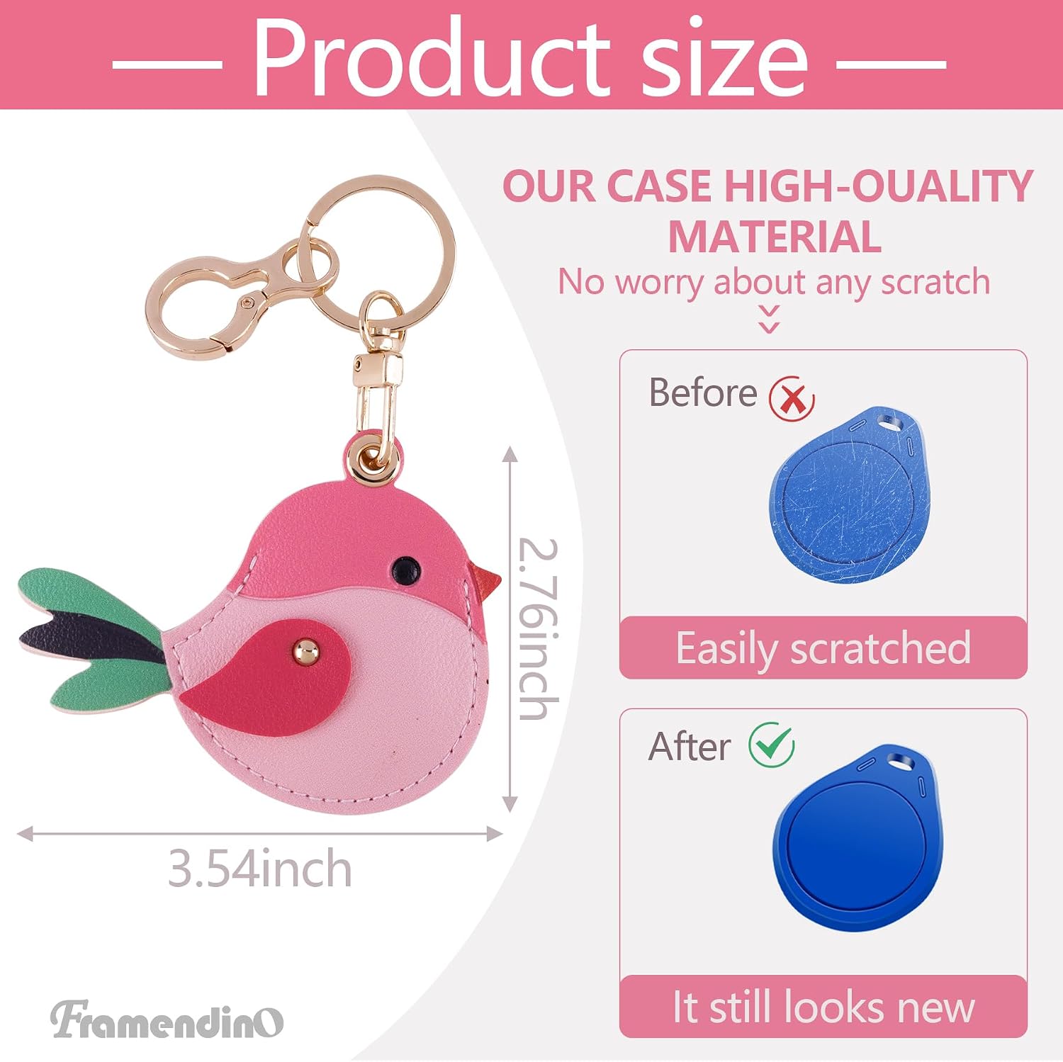 Framendino, Leather Keychain Holder Compatible with AirTag Key Ring Anti-Scratch Finder Cover for Wallet Keys Bag Pets Pink image 2