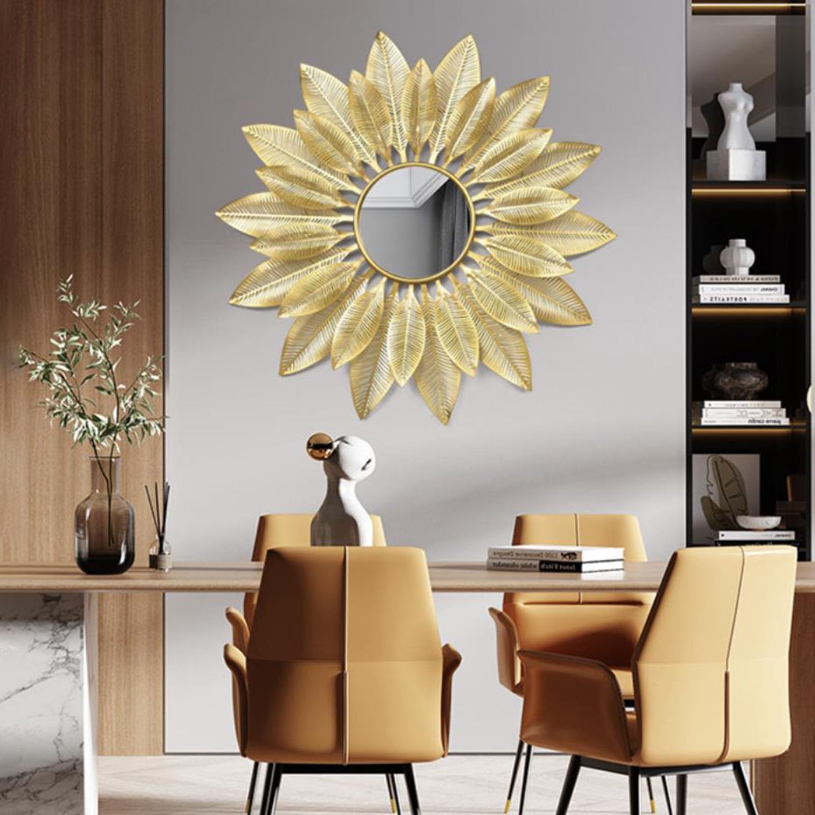 Sztuka dekoracji ścian i metali 3D Okrągłe Złote Lustro Ścienne Do Salonu 80 cm x 80 cm Dekoracyjna Dekoracja Ścienna Złote Lustro Do Przedpokoju, Jadalni