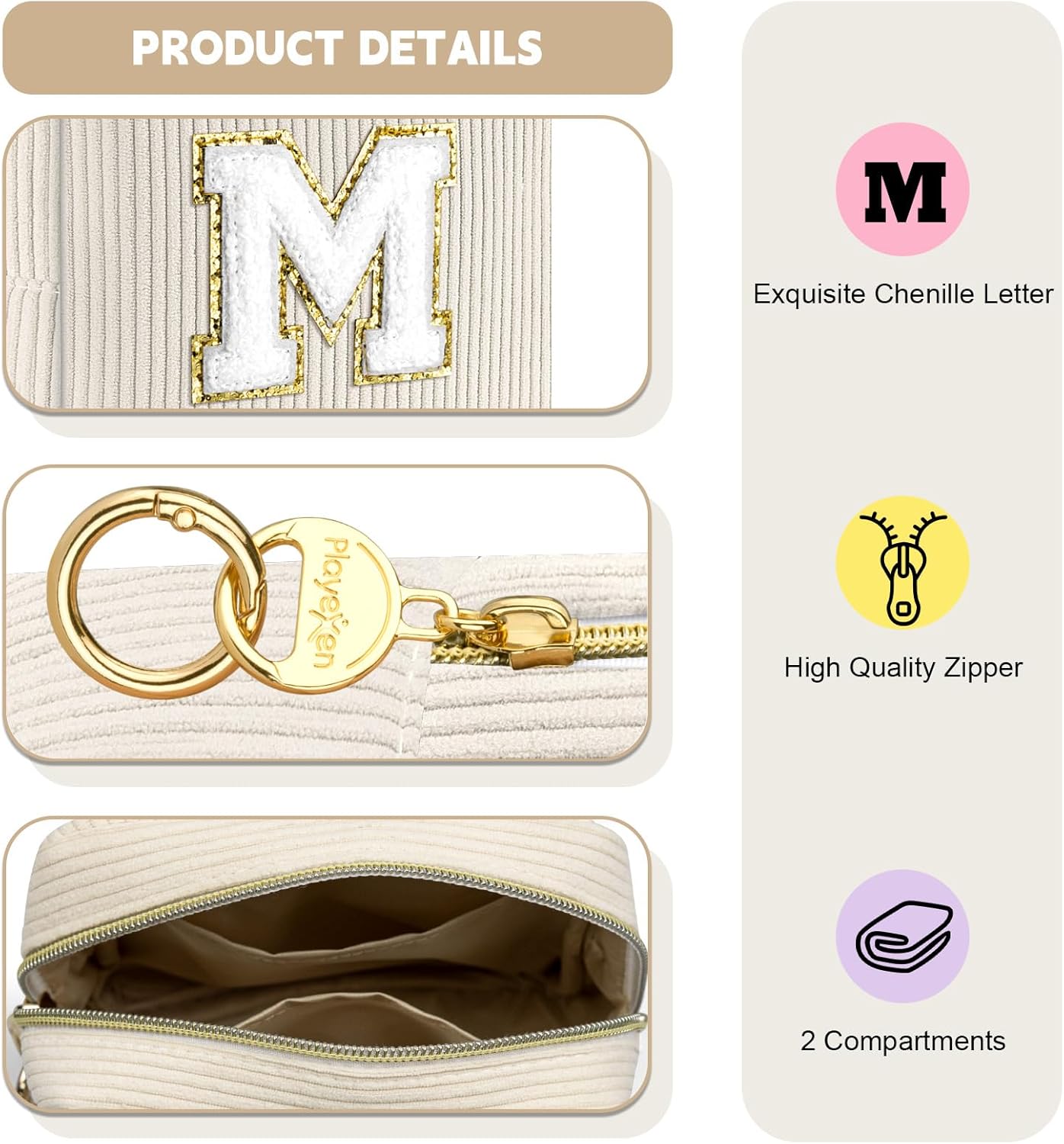 Small Initial Makeup Bag, Beige Corduroy Personalized Cosmetics Bag with Ring Buckle, Monogram Cute Travel Toiletry Pouch Purse, Birthday/Wedding/Party Gifts (Letter K) - Image 3