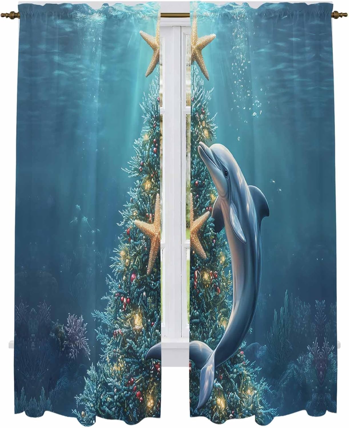 Christmas Window Curtains 72 Inch Long 2 Panel Set,Rod Pocket Long Curtains & Drapes,Winter Ocean Pine Tree Starfish Coral Dolphin Light Filtering Window Treatment for Bedroom Living Room 52"W x 72"L