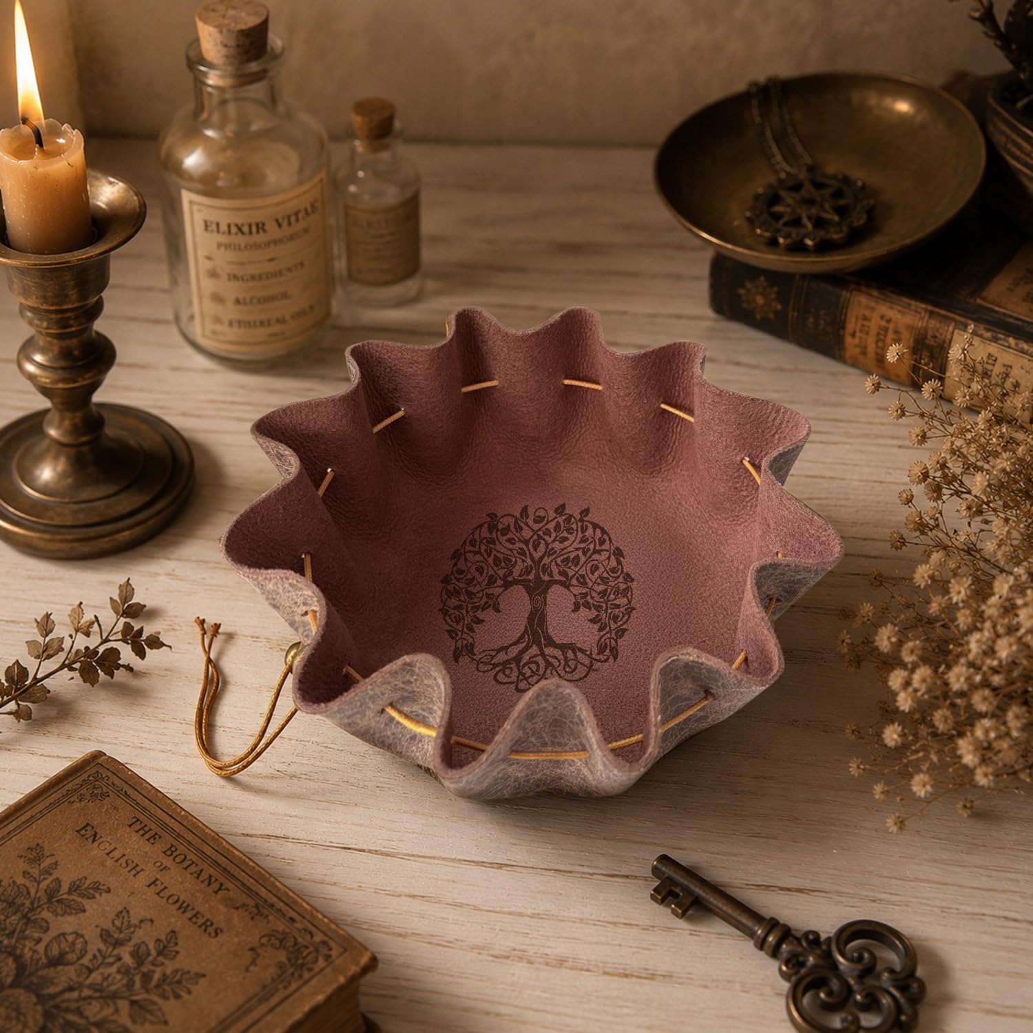 Leather Dice Tray with Life Tree Printed, 2-in-1 Dice Rolling Tray | Collapsible Dice Tray & Drawstring Pouch, Portable Dice Bag for Tabletop Games, Rune Crystal Holder & Jewelry Storage