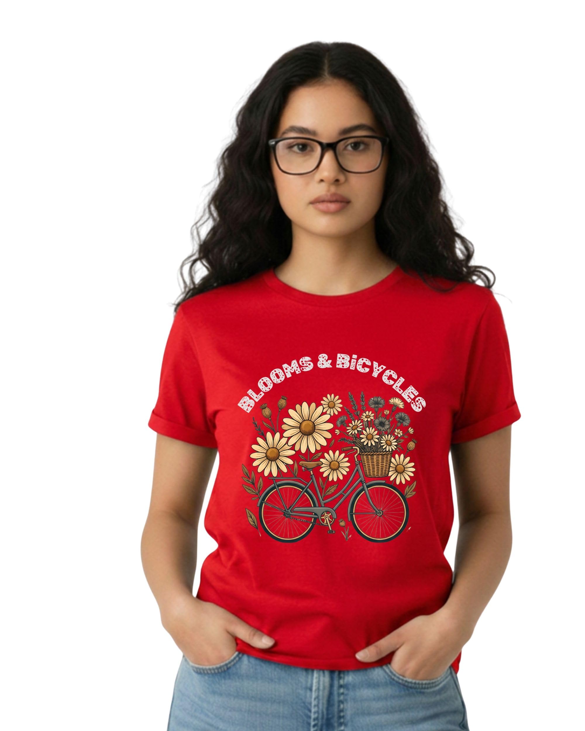 Blooms & Bicycles Red Graphic Printed Cotton T-Shirt for Women-image-16