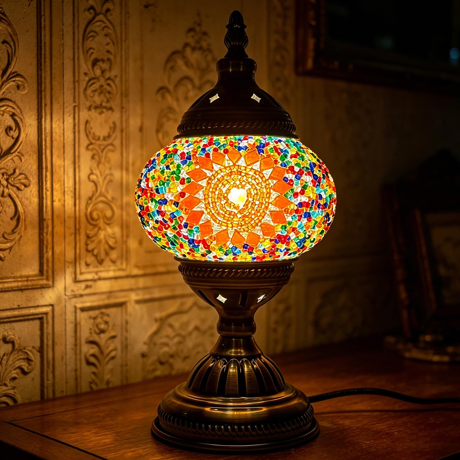 Kit fai da te con lampada a mosaico turco, inclusa lampadina LED alimentata tramite USB con base in bronzo, lampada da comodino in stile marocchino, luce notturna turca per camera da letto