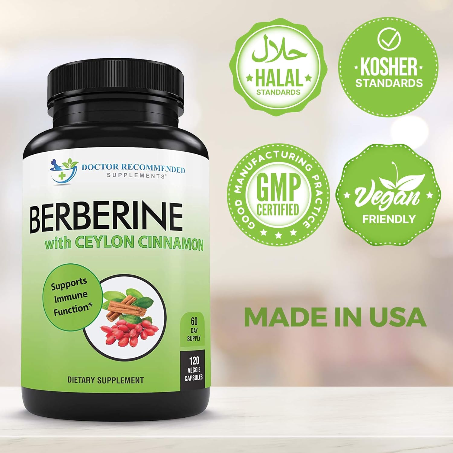 Berberine with Ceylon Cinnamon - 1200mg Berberine & 100mg Organic Ceylon Cinnamon - 120 Veggie Capsules, Blood Sugar Support, Healthy Immune System Cardiovascular Heart & Gastrointestinal Wellness : Health & Household