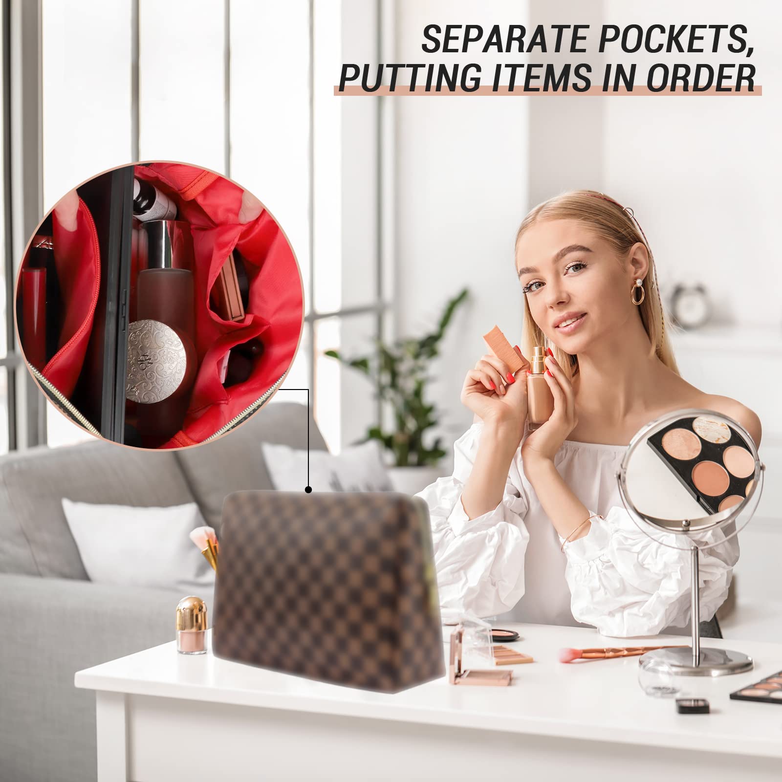 Checkered PU Leather Makeup Bag Set, 2-Piece Travel Cosmetic Organizer