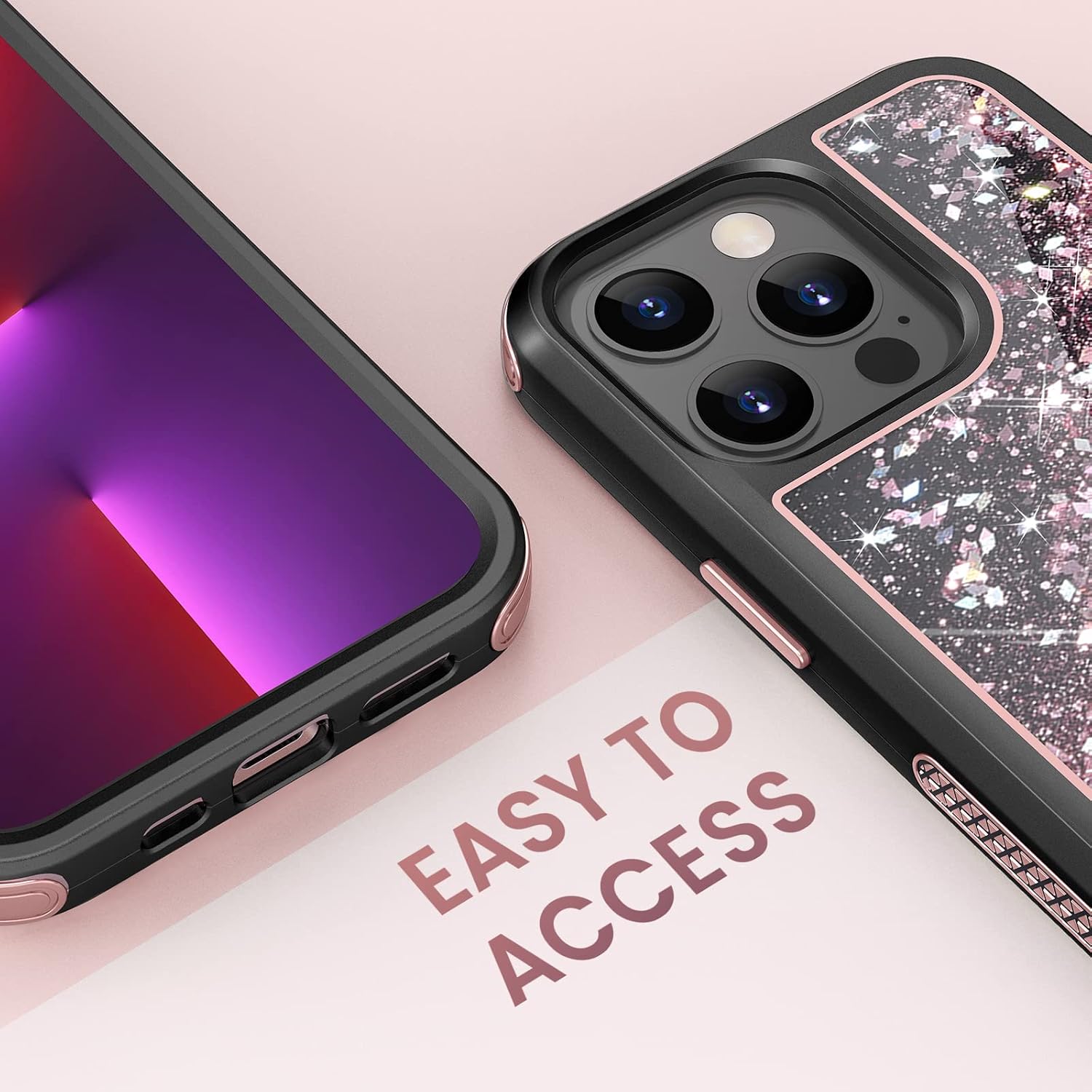 Caka Glitter Case for iPhone 13 Pro, iPhone 13 Pro Case for Women Girls with Screen Protector Full Body Bling Liquid Sparkle Bumper Black Heavy Duty Case for iPhone 13 Pro(6.1 inches) (Rose Gold)