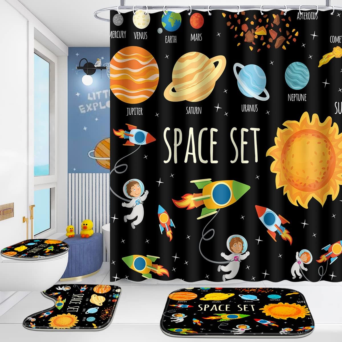 Poedist 4 Pcs Bathroom Shower Curtain Set,Kid's Bathroom Set,Shower Curtain Sets with Rugs(Bath Mat,U Shape and Toilet Lid Cover Mat) and 12 Hooks,Spaceship