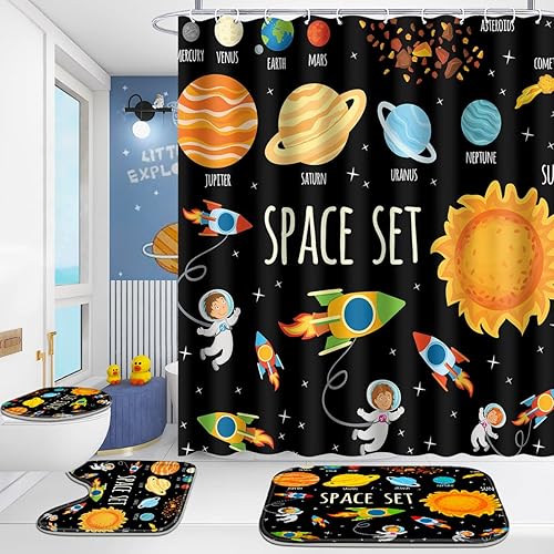 Poedist Juego de 4 cortinas de ducha de baño, juego de cortina de ducha para niños, juego de cortina de ducha con alfombras (tapete de baño, en