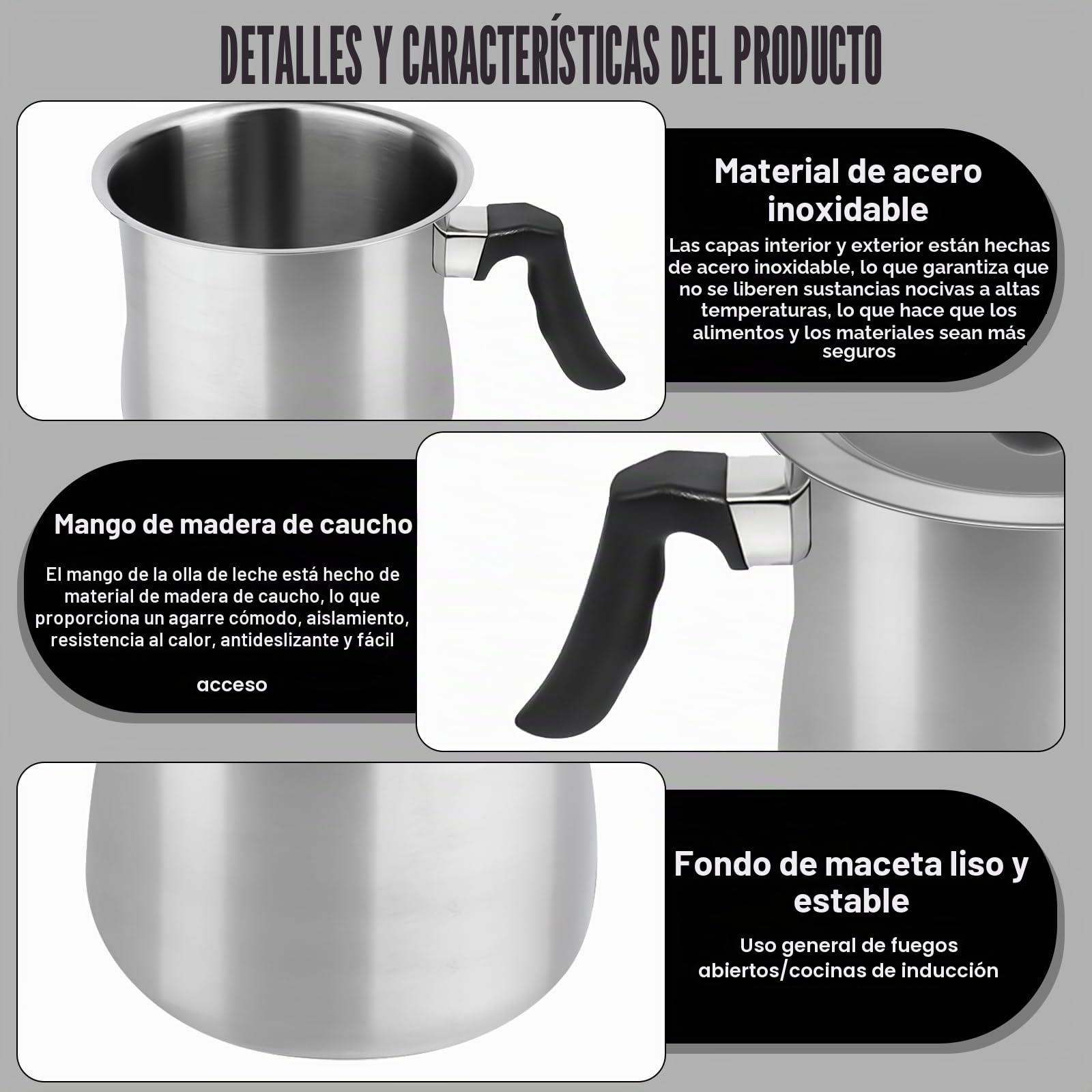 Olla para leche de acero inoxidable de 2 litros, de doble pared, para inducción, con mango de plástico antideslizante, color plateado de gran calidad, para calentar leche en baño maría, olla de acero