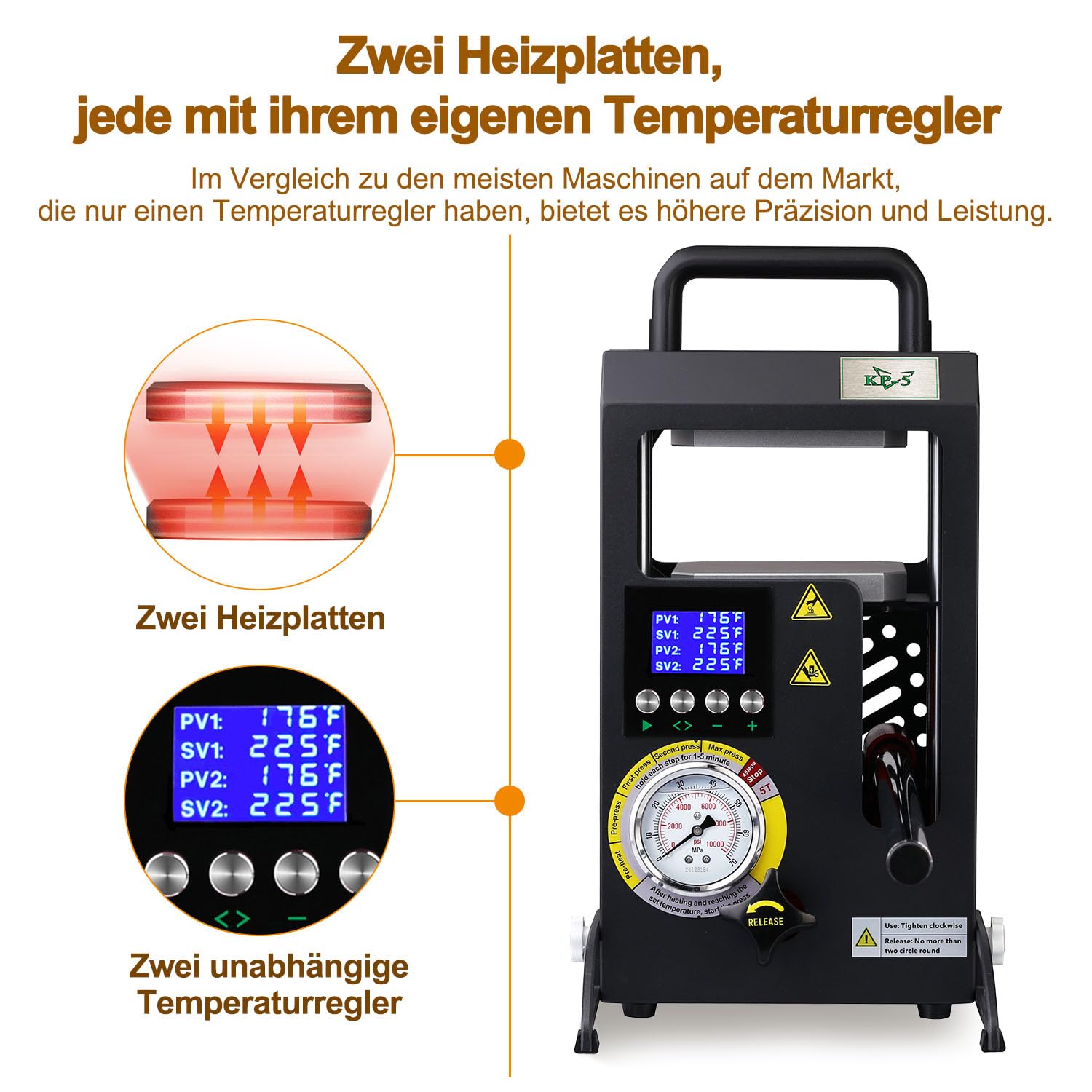 Rosin Presse – 5 Tonnen Hydraulische Kolophonium-Extraktionsmaschine mit Manometer, 12 × 10.5 cm Heizplatten mit Zwei unabhängigen Temperaturreglern
