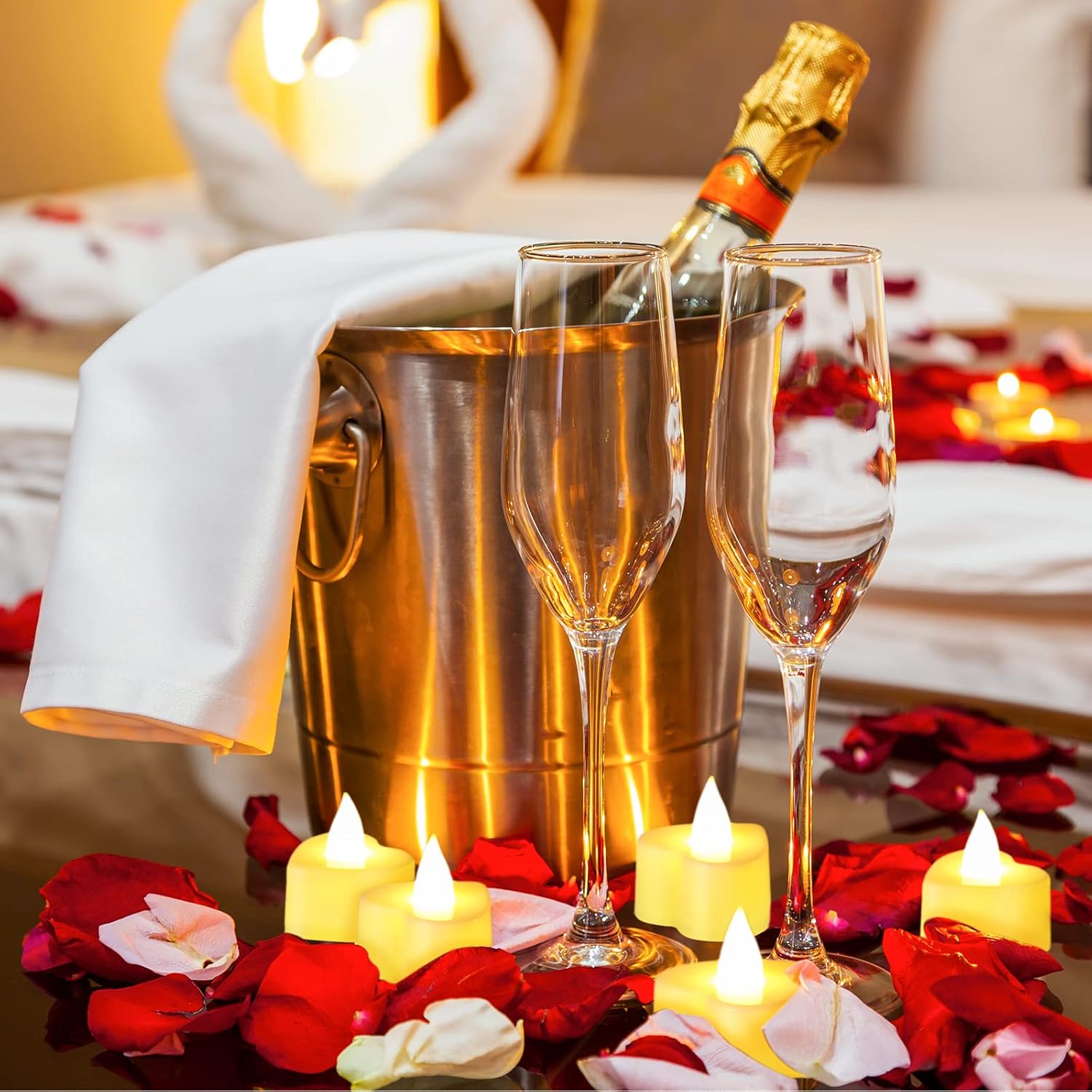 Coume 6000 Pcs Artificial Rose Petals with 120 Pcs Heart LED Tea Lights Candles Kit Valentines Rose Petals Candles Set for Romantic Night Anniversary Proposal Wedding Date Hotel(Warm White Light) - Image 3