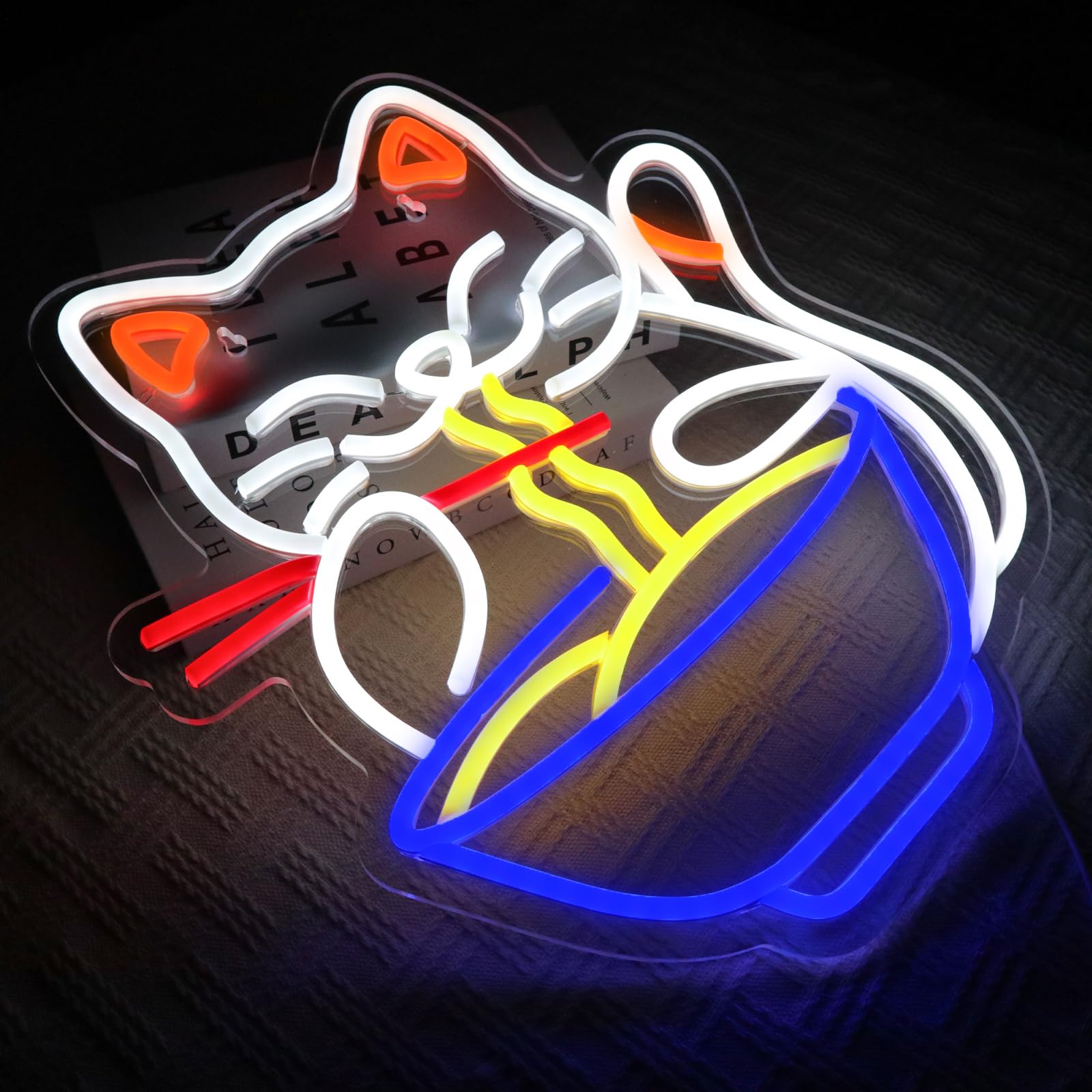 Cat Ramen Neon Schild Buntes Led Neon Schild Wand Katze Noodles Neon Sign Nudeln Led Schild für Resturant Ramen-Laden Küche Snack-Bar Wohn-Esszimmer Brunch Party Home Store Geschenke