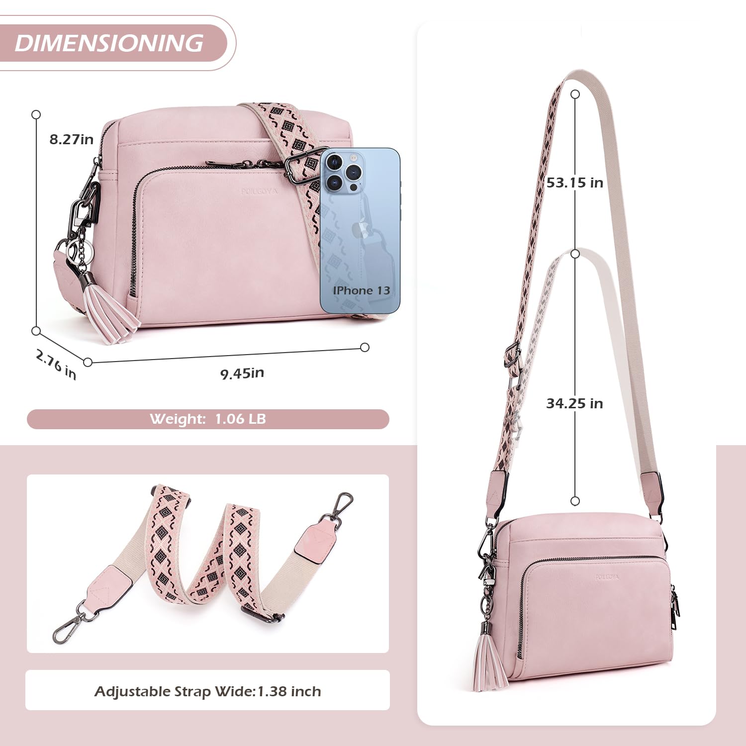 POIUGOYA Crossbody Purses for Women Trendy,Vegan Leather Medium Crossbody Bag,Women's Crossbody Travel Purse Built in Wallet: Retro Pink