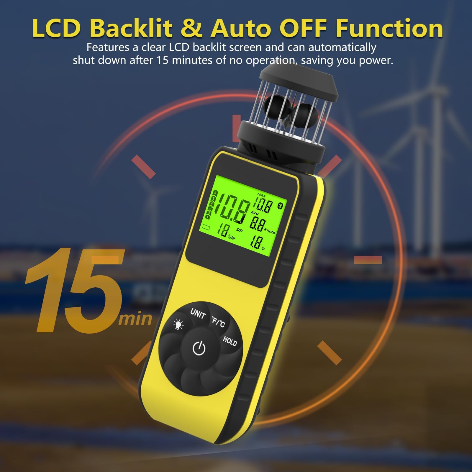 Anemometro digitale portatile con ventola, anemometro portatile, 881 m, misuratore di velocità con bussola