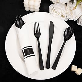 Supernal 120 Pack Black Plastic Silverware,Rolled Silverware Disposable,Pre Wrapped Cutlery Set with Napkin,Plastic Utensils Heavy Duty, Rolled Black Cutlery