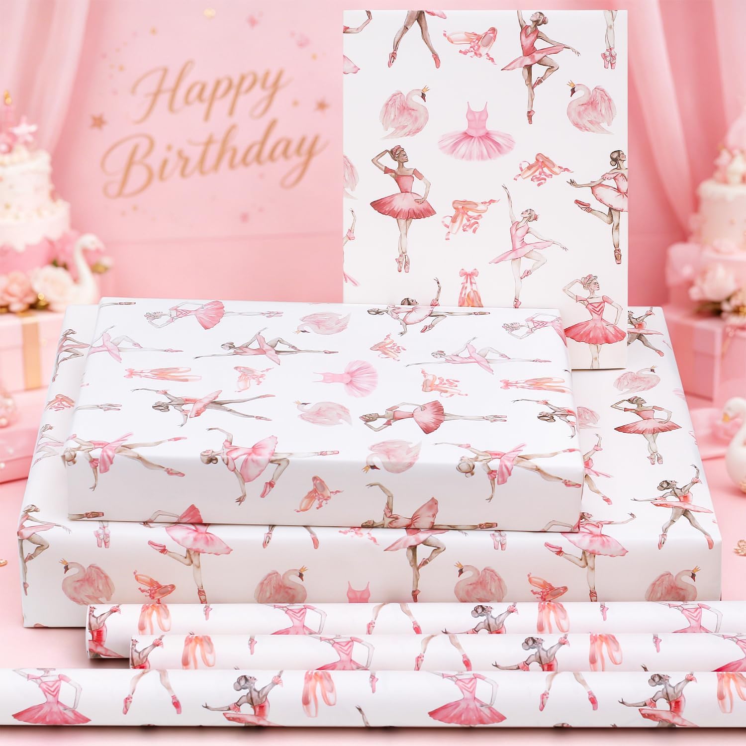 Ballerina Wrapping Paper, Elegant Swan & Ballerina Pink Floral Artistic Gift Wrap Paper, 6 Sheets Folded Flat 20x28 inches per Sheet Watercolor Ballet Dancer Paper for Girls, Women, Birthday, Wedding image 3