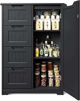 Gizoon Small Pantry Cabinet with Door and Shelves, 33 Kitchen Pantry Cabinet Freestanding Wooden Bathroom Storage Cabinet with 4 Drawers for Kitchen and Dining Room, Black, Painted