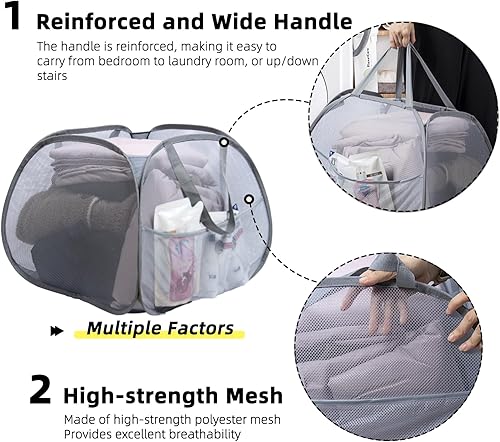 Miniatura 3 de hedonlee Cesta plegable para la ropa sucia, 90L, plegable, con asas, malla cuadrada y horizontal para ropa sucia, para lavandería, baño, habitación