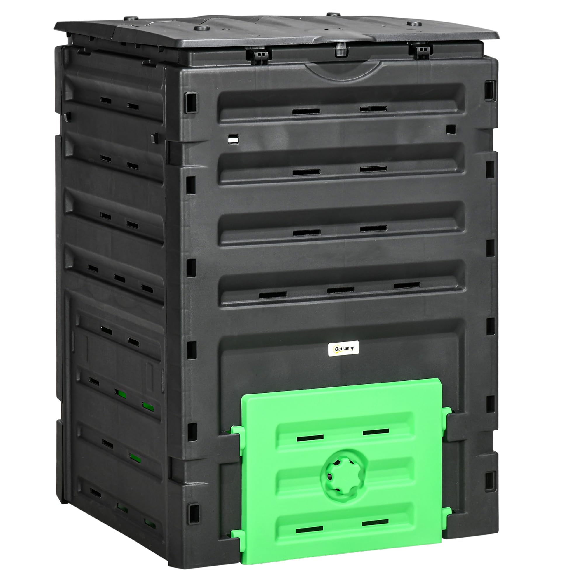 Outsunny Composteur de jardin 450 L, bac composteur pour jardin en polypropylène, 80 aérations et 2 portes coulissantes, léger et robuste, noir