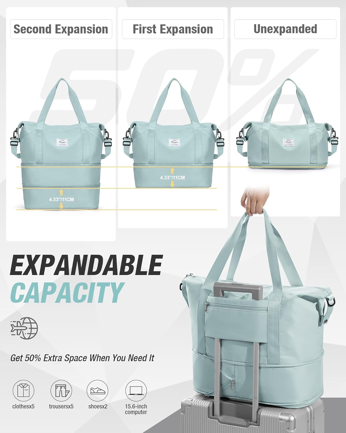 Expandable Travel Duffle Bag for Women Men, Large Gym Bag Travel Tote Bags, Waterproof Carry On Personal Item Bag Airline Approved, Overnight Workout Weekender Bag with Luggage Sleeve, Light Blue - Image 3