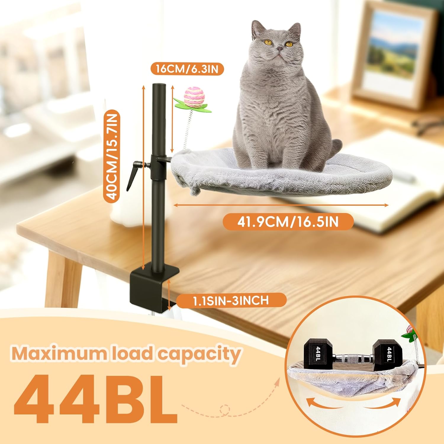 Cat Desk Bed, 360° Rotating & Adjustable Desk Mount with Soft Faux Fur & Breathable Mesh Accessories, Ergonomic Cat Perch for Remote Workers,Gamers, and Office Staff - Supports up to 50 lbs