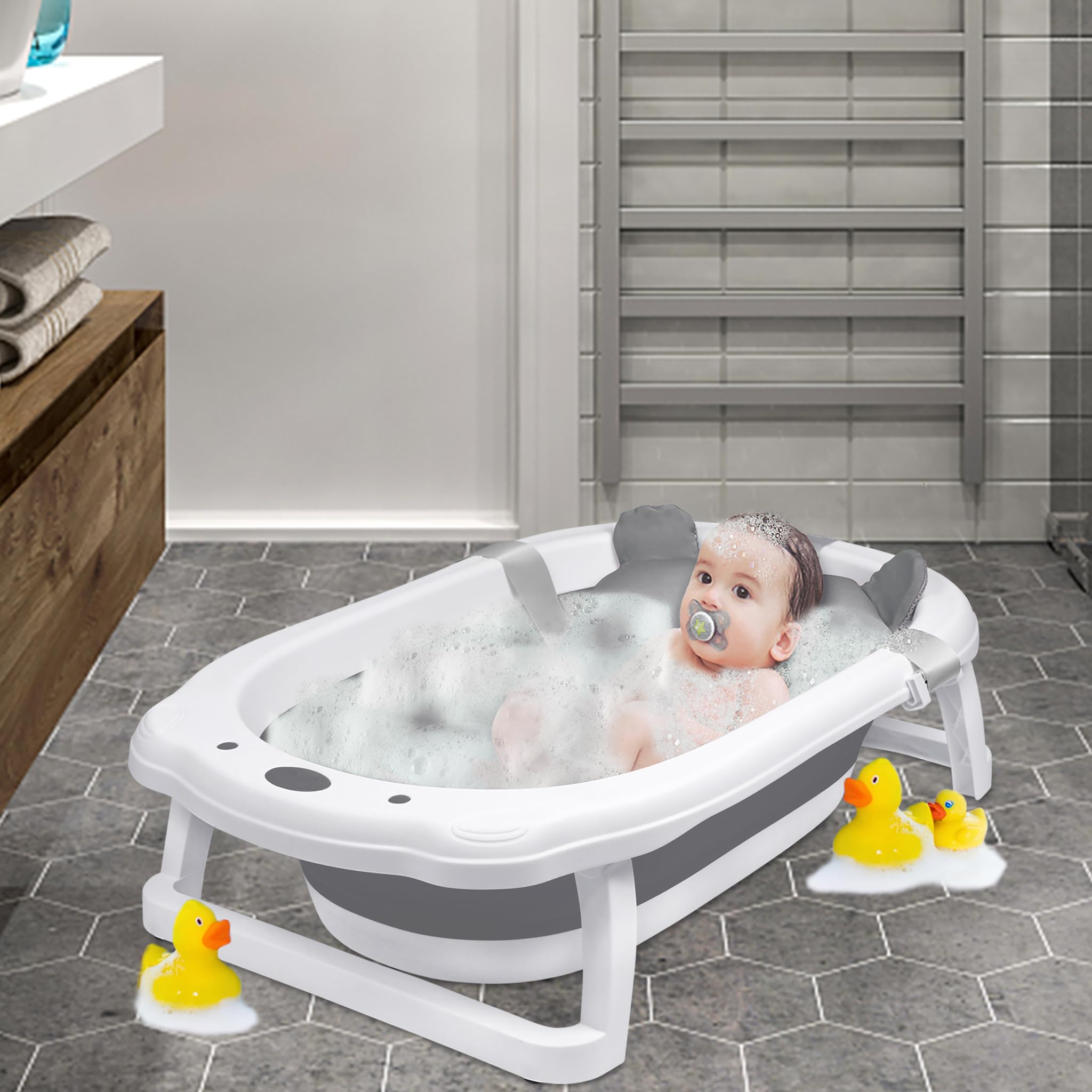 YRHome Składana wanna dla niemowląt, ergonomiczna, 82 x 50 x 20 cm, antypoślizgowa, z odpływem, poduszka do wanny dla noworodków (antracytowa, z poduszkami)