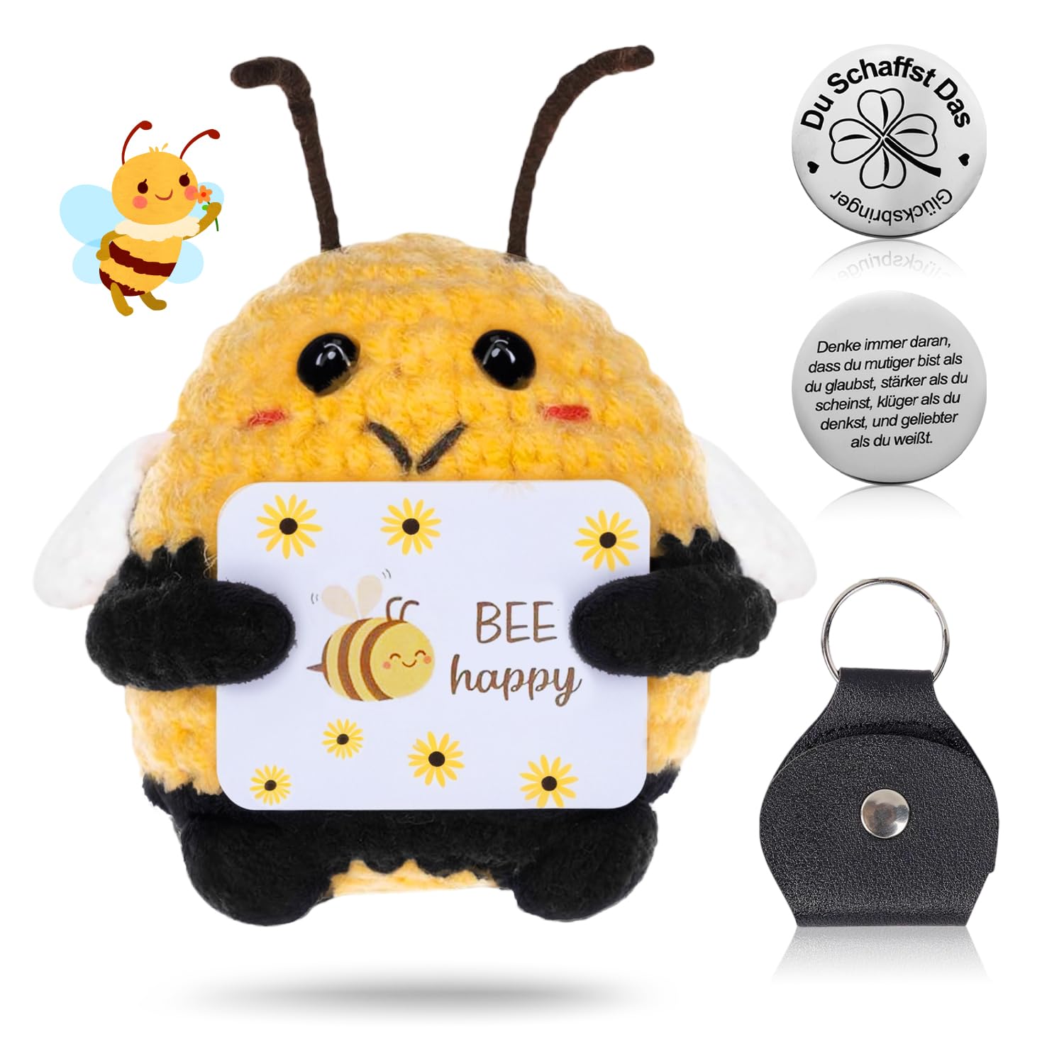 TOYMIS Gestrickte Biene Mit Sonnenblume - Süße Plüschpuppe Mit Motivationskarte